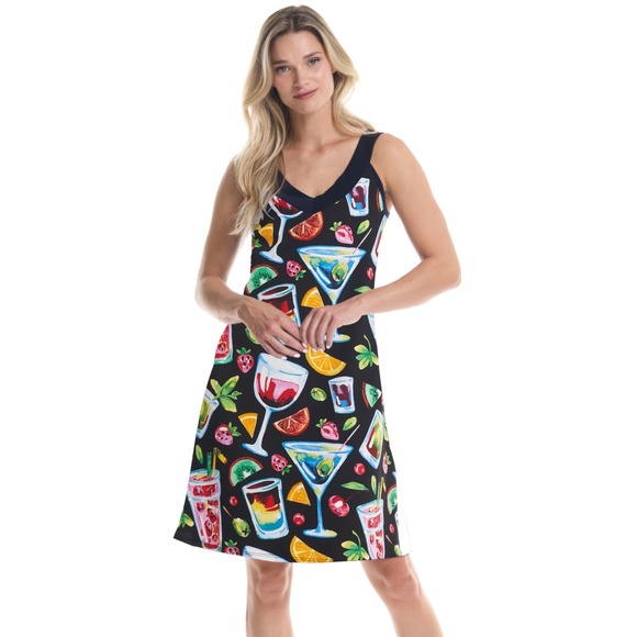 Nick & Nora Sleepwear Cocktail Print Slip Dress Black Loungewear Size M - Picture 1 of 8